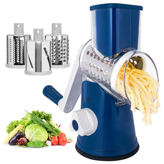 Cheese Grater Rotary Cheese Shredder Grater for Kitchen Cheese Grater with Handle Potato Slicer Vegetable Chopper with Suction Base, Navy Blue