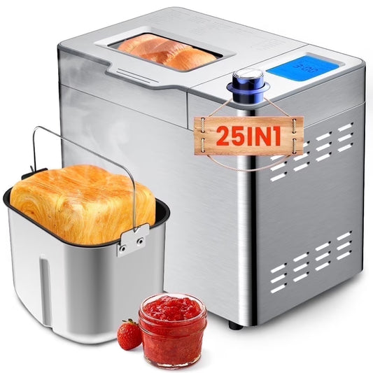 25 in 1 Bread Maker Machine, 2LB Bread Maker with Auto Fruit and Nut Dispenser, Gluten Free Setting, Stainless Steel, Reserve & Keep Warm Set