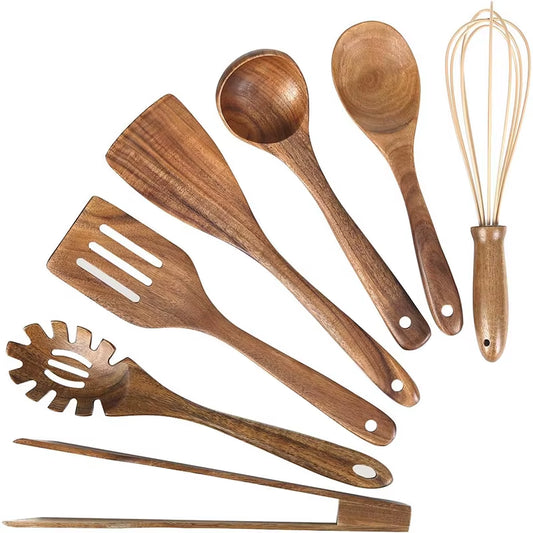 10 Pack Natural Teak Wooden Kitchen Utensil Set Wooden Spoons Spatula Cooking Utensil Set for Cooking Baking JT503