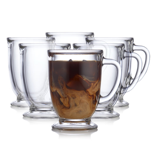 Kona Glass Coffee Mugs Set of 6, Elegant 16 Ounce Clear Tea Mug, Dishwasher Safe Glass Mugs with Handles for Tea, Coffee,And Espresso