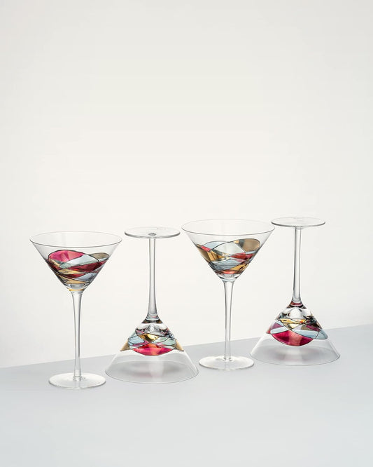Martini Glasses Hand Painted Dry Cocktail 12 Oz RED LINE Sagrada Stunning Gift Drinkware Birthday Present (Set 4)