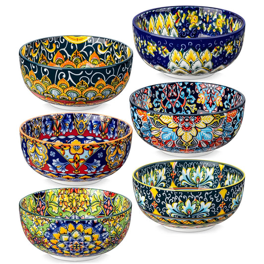 Cereal Bowls Set of 6 Bohemian Ceramic Soup 28 Oz Colorful for Kitchen